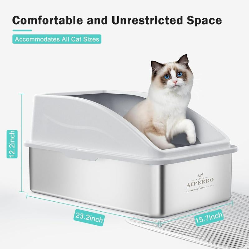 【Black Friday Deal】Enclosed Cat Litter Box Stainless Steel with Lid, XL Extra Large Litter Box for Big Cats, Anti-Urine Leakage, Include Cat Mat and All-Metal Litter Scoop