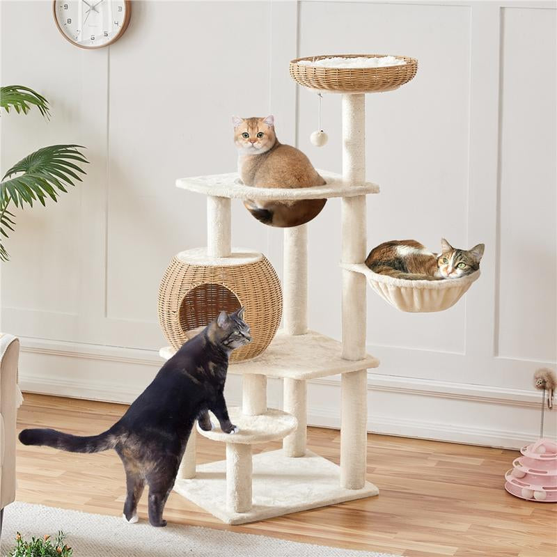 Yaheetech 54In Rattan Cat Tree Tower with Luxury Woven Condo, Clear Bowl, Washable Cushions, and Scratching Posts, Cat Furniture for Indoor Cats