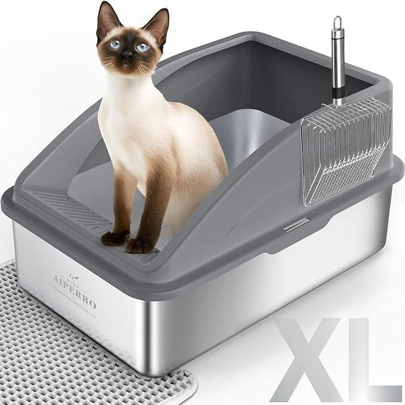 【Black Friday Deal】Enclosed Cat Litter Box Stainless Steel with Lid, XL Extra Large Litter Box for Big Cats, Anti-Urine Leakage, Include Cat Mat and All-Metal Litter Scoop