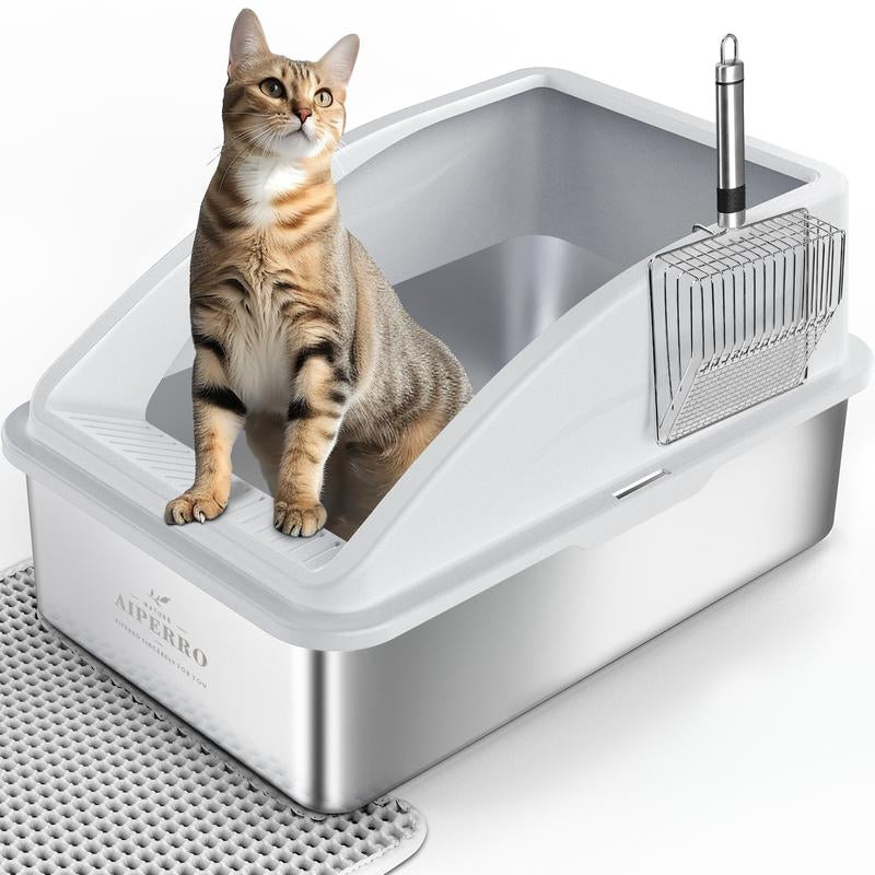 【Black Friday Deal】Enclosed Cat Litter Box Stainless Steel with Lid, XL Extra Large Litter Box for Big Cats, Anti-Urine Leakage, Include Cat Mat and All-Metal Litter Scoop