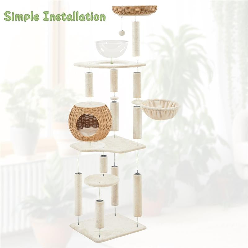 Yaheetech 54In Rattan Cat Tree Tower with Luxury Woven Condo, Clear Bowl, Washable Cushions, and Scratching Posts, Cat Furniture for Indoor Cats