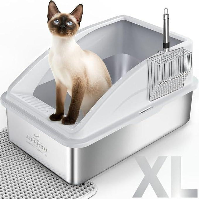 【Black Friday Deal】Enclosed Cat Litter Box Stainless Steel with Lid, XL Extra Large Litter Box for Big Cats, Anti-Urine Leakage, Include Cat Mat and All-Metal Litter Scoop