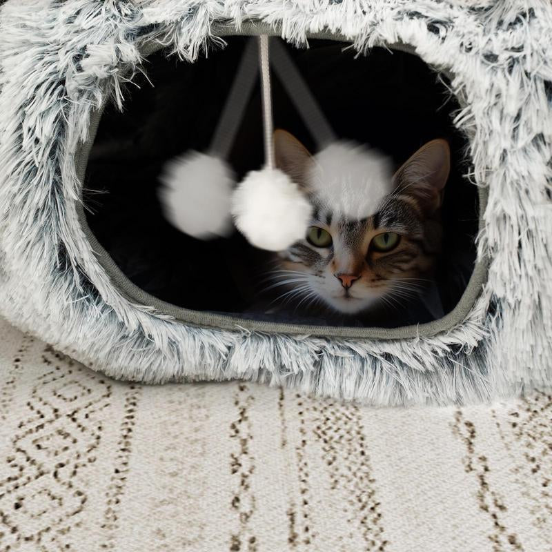 2 in 1 Foldable Cat Tunnel Cat Bed, Warm Plush Cat Bed with Hanging Ball & Tunnel Buckle, Pet Supplies for Indoor Outdoor Use, Dog & Cat Furniture, Bad Dog Toys, Christmas Gift