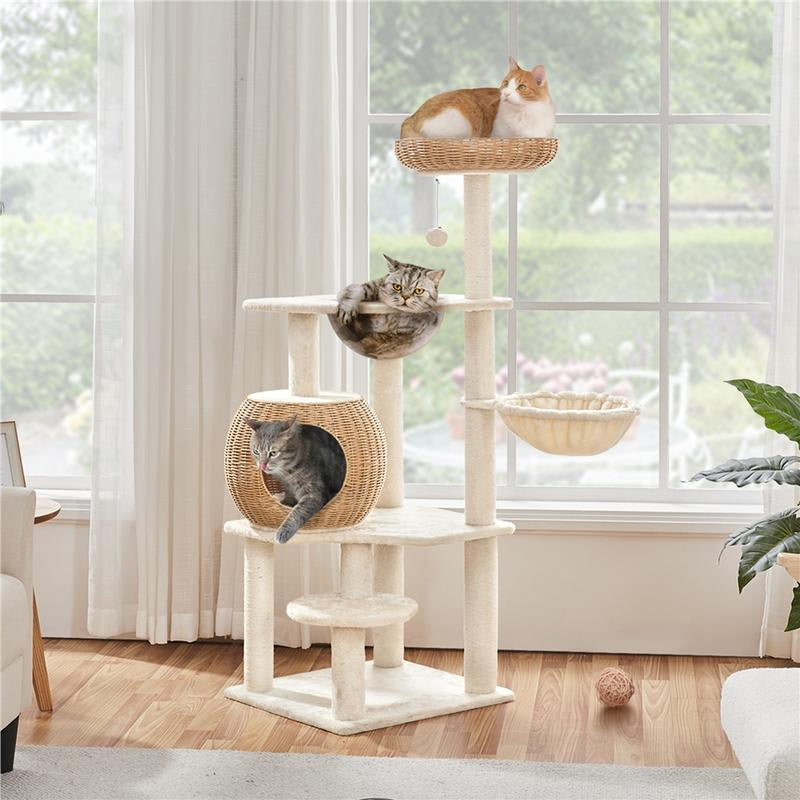 Yaheetech 54In Rattan Cat Tree Tower with Luxury Woven Condo, Clear Bowl, Washable Cushions, and Scratching Posts, Cat Furniture for Indoor Cats