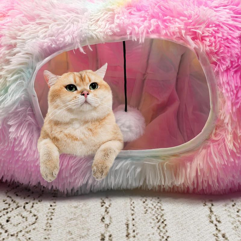 2 in 1 Foldable Cat Tunnel Cat Bed, Warm Plush Cat Bed with Hanging Ball & Tunnel Buckle, Pet Supplies for Indoor Outdoor Use, Dog & Cat Furniture, Bad Dog Toys, Christmas Gift