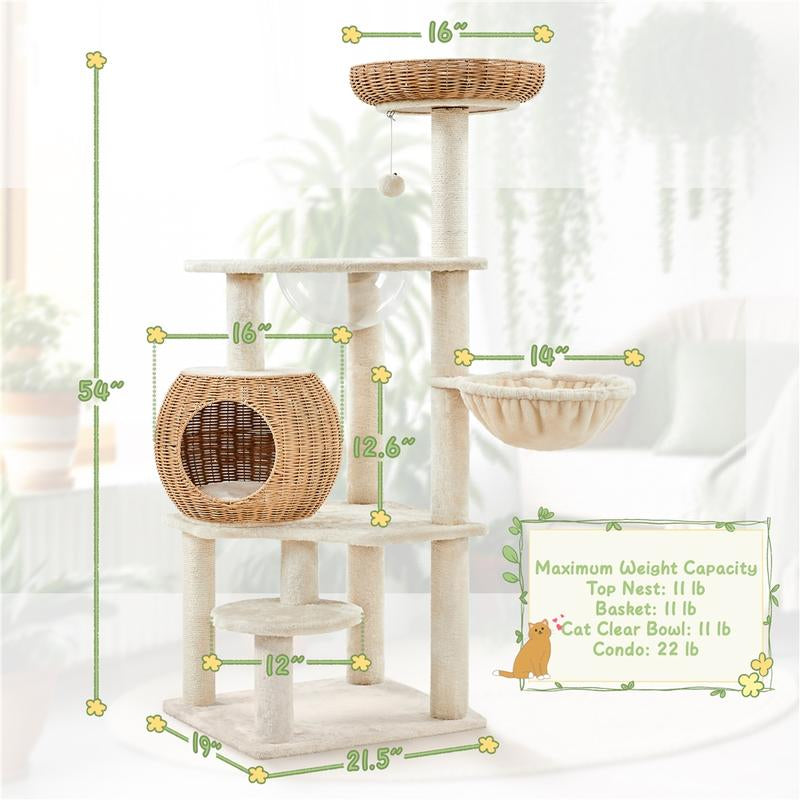 Yaheetech 54In Rattan Cat Tree Tower with Luxury Woven Condo, Clear Bowl, Washable Cushions, and Scratching Posts, Cat Furniture for Indoor Cats