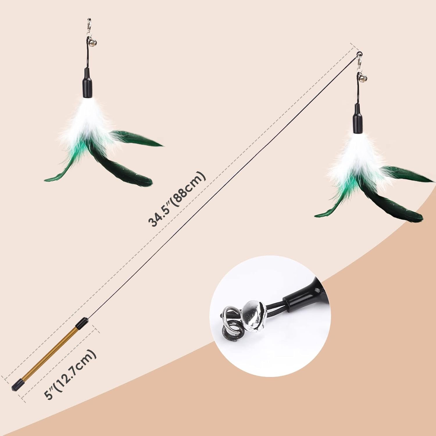 Feather Teaser Cat Toy, Interactive Feather Wand Cat Toy Flying Feather Cat Catcher with Extra Long 34.5" Wand and Small Bell, Fun Exerciser Playing Toy for Kitten or Cat, White & Green