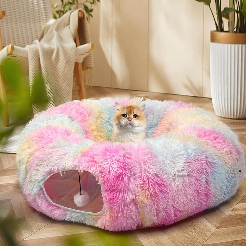 2 in 1 Foldable Cat Tunnel Cat Bed, Warm Plush Cat Bed with Hanging Ball & Tunnel Buckle, Pet Supplies for Indoor Outdoor Use, Dog & Cat Furniture, Bad Dog Toys, Christmas Gift