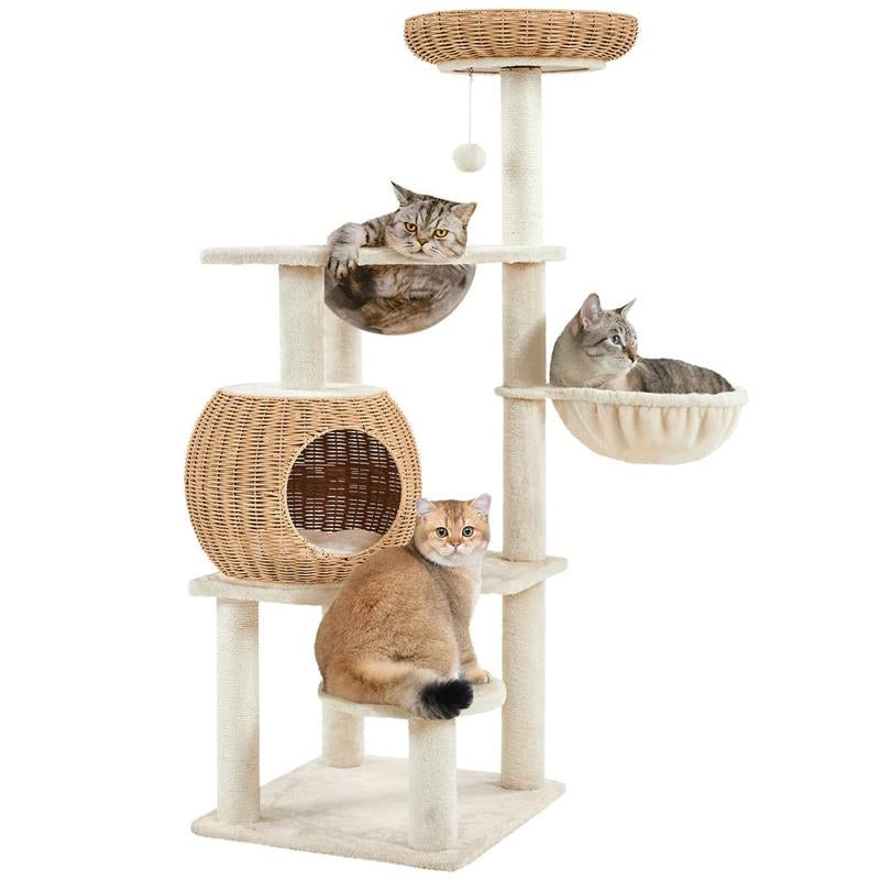 Yaheetech 54In Rattan Cat Tree Tower with Luxury Woven Condo, Clear Bowl, Washable Cushions, and Scratching Posts, Cat Furniture for Indoor Cats