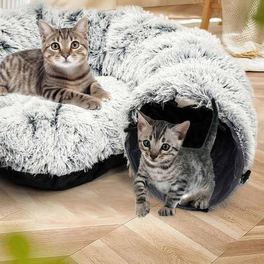 2 in 1 Foldable Cat Tunnel Cat Bed, Warm Plush Cat Bed with Hanging Ball & Tunnel Buckle, Pet Supplies for Indoor Outdoor Use, Dog & Cat Furniture, Bad Dog Toys, Christmas Gift