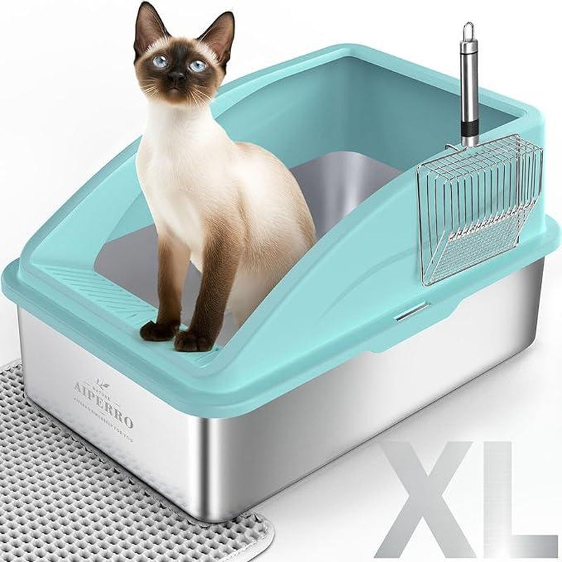 【Black Friday Deal】Enclosed Cat Litter Box Stainless Steel with Lid, XL Extra Large Litter Box for Big Cats, Anti-Urine Leakage, Include Cat Mat and All-Metal Litter Scoop