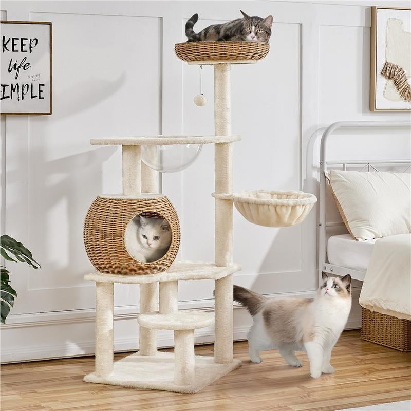 Yaheetech 54In Rattan Cat Tree Tower with Luxury Woven Condo, Clear Bowl, Washable Cushions, and Scratching Posts, Cat Furniture for Indoor Cats