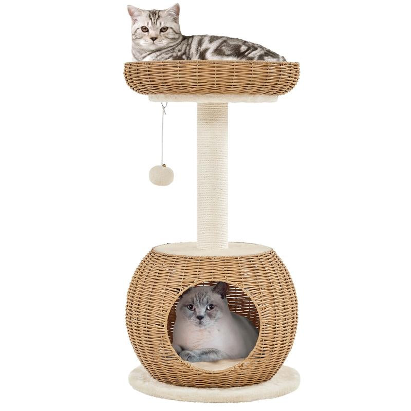 Yaheetech 54In Rattan Cat Tree Tower with Luxury Woven Condo, Clear Bowl, Washable Cushions, and Scratching Posts, Cat Furniture for Indoor Cats