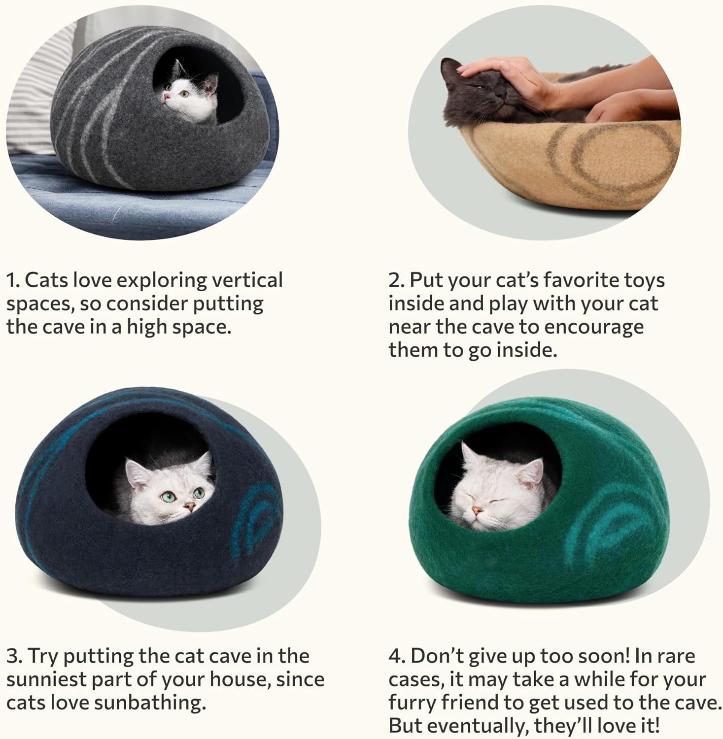 Cat Cave – Premium Felt Cat Bed for Indoor Cats, Handmade 100% Merino Wool (Light Shades) (Medium, Light Grey)