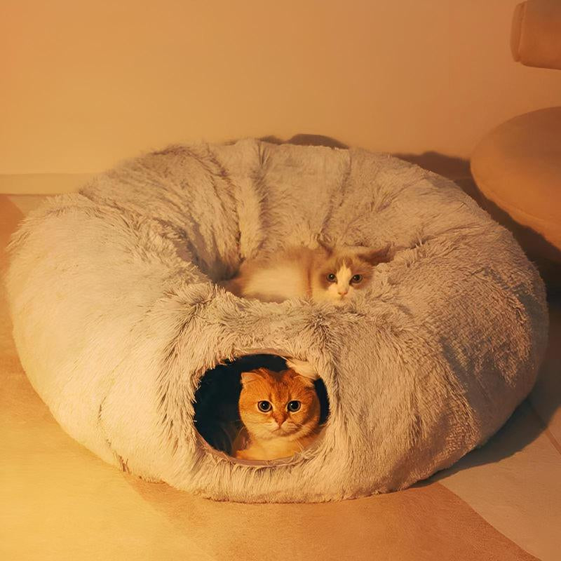 2 in 1 Foldable Cat Tunnel Cat Bed, Warm Plush Cat Bed with Hanging Ball & Tunnel Buckle, Pet Supplies for Indoor Outdoor Use, Dog & Cat Furniture, Bad Dog Toys, Christmas Gift